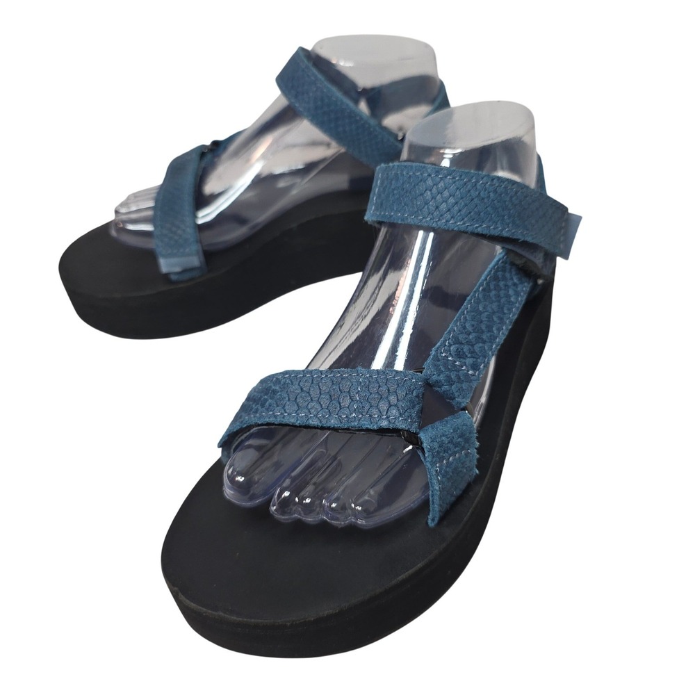 Teva Platform Leather Sandals Blue Snake Embossed Strappy Wedge Comfort Size 8